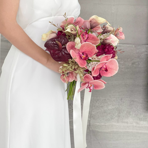 ピーチバーガンディ胡蝶蘭♪ウェディングブーケ アーティフィシャル