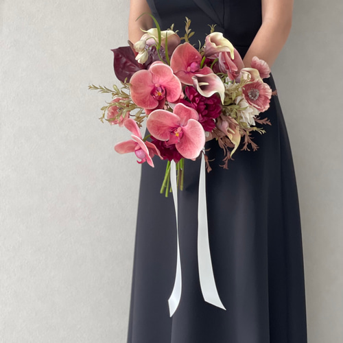 ピーチ　バーガンディ　胡蝶蘭　ウェディングブーケ　アーティフィシャルフラワー造花 ピーチバーガンディ胡蝶蘭♪ウェディングブーケ アーティフィシャル