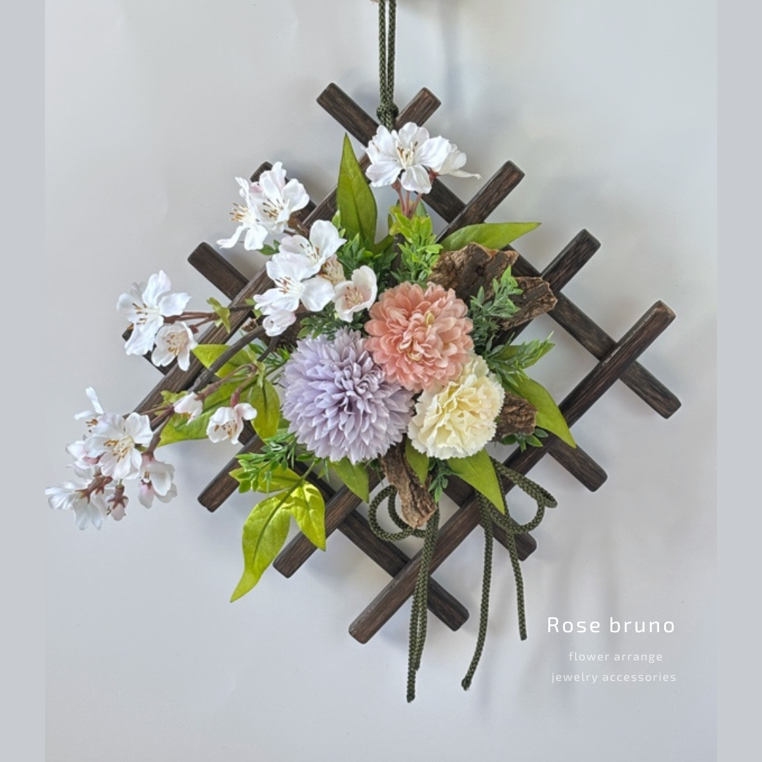 春の和モダン♡桜アレンジ〜オリジナル焼き木格子フレーム〜アーティフィシャルフラワー〜