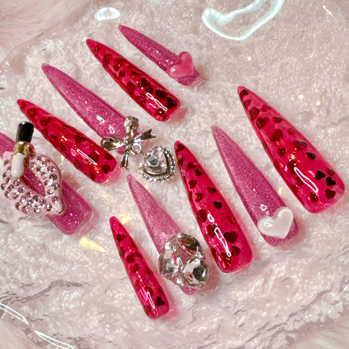 ネイルチップ 量産型 フリル ツイード 羽 推しネイル ゴテゴテ 赤 #12 スーパーロングネイル ギャル 量産型 ゴテゴテネイル ネイル