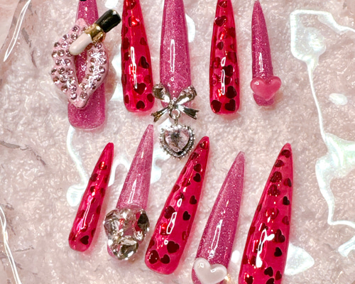 ネイルチップ 量産型 フリル ツイード 羽 推しネイル ゴテゴテ 赤 #12 現品ネイルチップ＊大人かわいい韓国ネイル 量産型 地雷系 赤×白