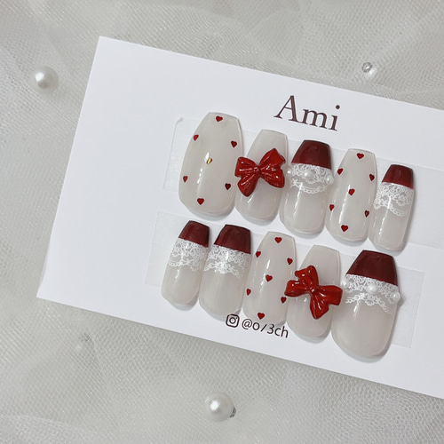 ネイルチップ＊ホワイトレース レッド赤ボルドー ハートホロ リボン