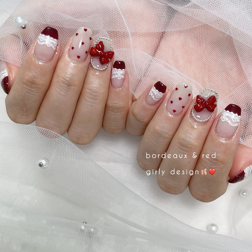 ネイルチップ＊ホワイトレース レッド赤ボルドー ハートホロ リボン