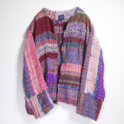 個性的】さをり織りの艶やかカラフルロングコート ノーカラー コート