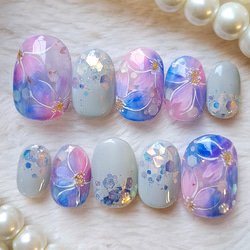 即日発送/フリーサイズ ふんわり キラキラ 夜桜 ネイルチップ 現品 No 