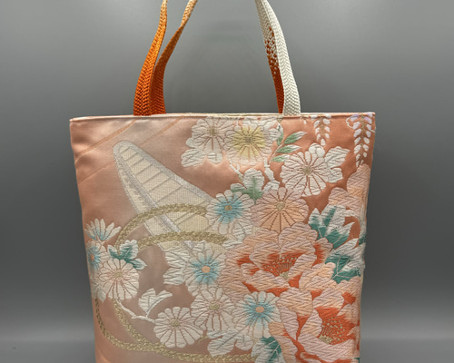 丸帯×本革 着物リメイク トートバッグ ハンドメイド 手提げ 袋帯 アンティーク 着物 帯 帯締め ハンドメイド トートバッグ リメイク 金 花 六通柄袋帯