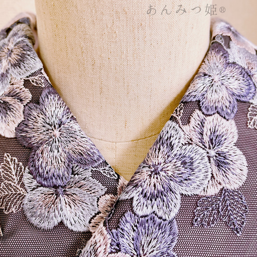 洗える刺繍半衿 あじさい色のお花【ラスト】 和装小物（帯・半襟