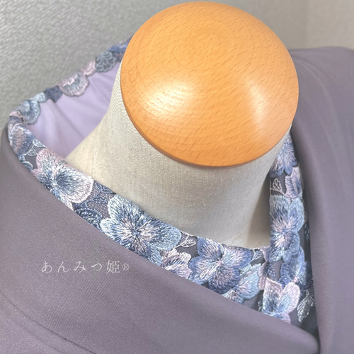 洗える刺繍半衿 あじさい色のお花【ラスト】 和装小物（帯・半襟） 半