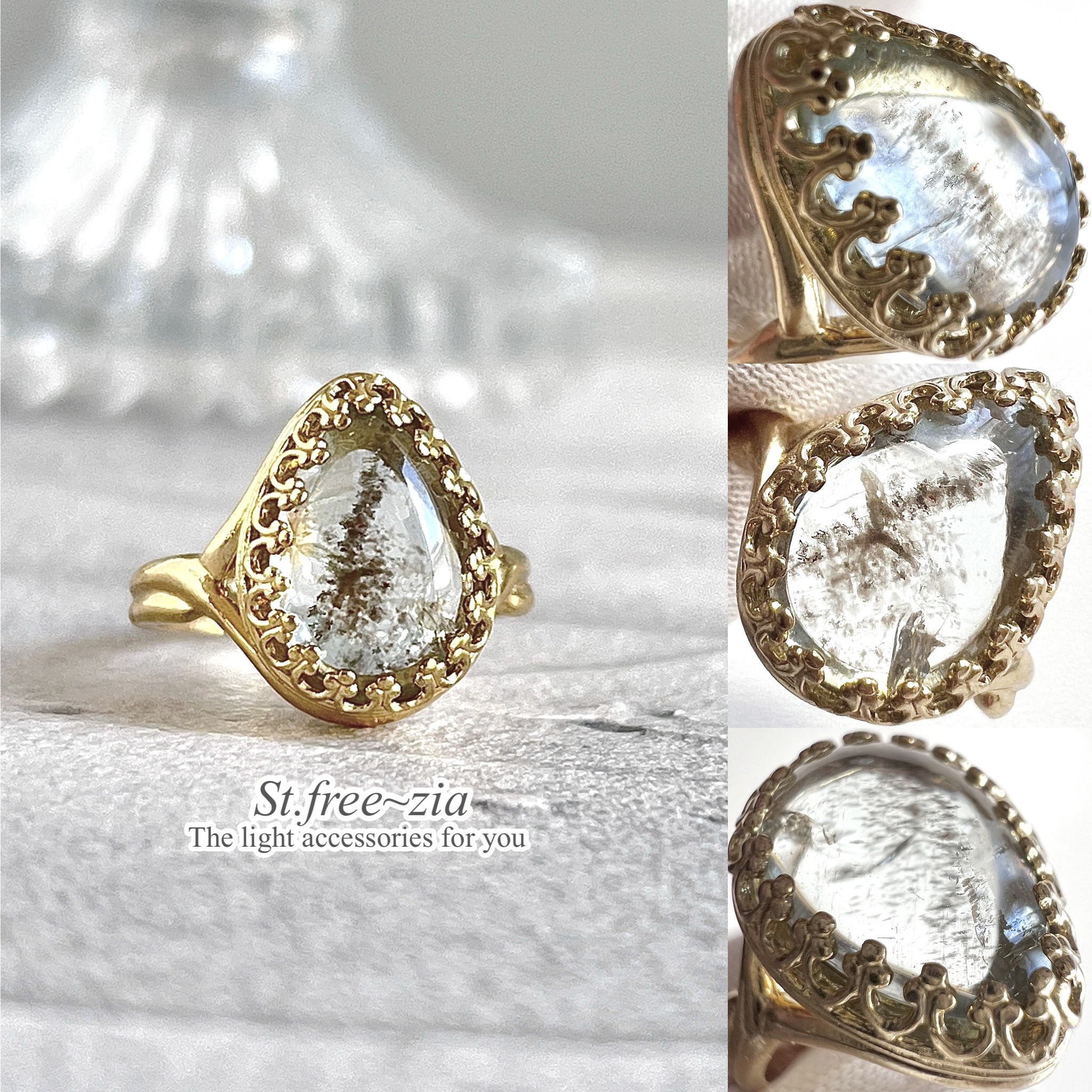 ☆真鍮☆大粒☆宝石質モスアクアマリンAAA- ☆11〜17号フリーサイズ☆13×9mm☆指輪