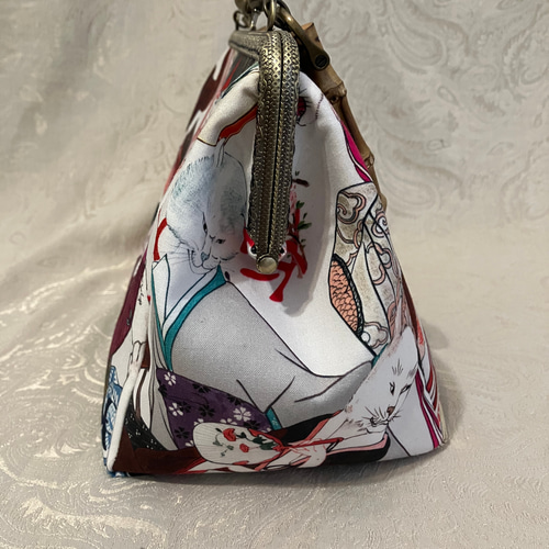 妖怪猫 がま口 バンブー バッグ 竹持ち手 大島紬 着物バッグ 和装