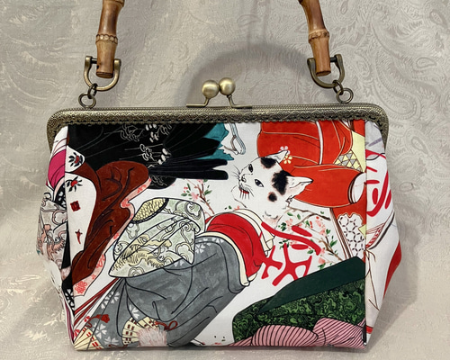 妖怪猫 がま口 バンブー バッグ 竹持ち手 大島紬 着物バッグ 和装