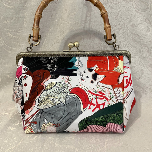 妖怪猫 がま口 バンブー バッグ 竹持ち手 大島紬 着物バッグ 和装