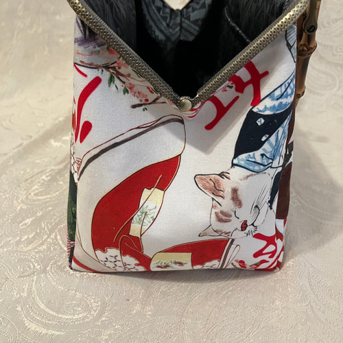 妖怪猫 がま口 バンブー バッグ 竹持ち手 大島紬 着物バッグ 和装