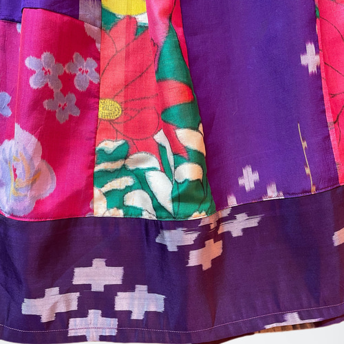 着物リメイク 銘仙のフレアスカート 紫緑系 (SK180) ロングスカート