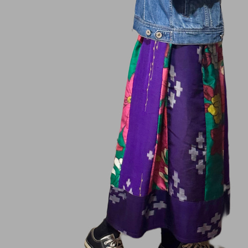 着物リメイク 銘仙のフレアスカート 紫緑系 (SK180) ロングスカート