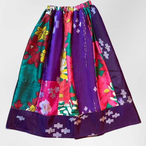 着物リメイク 銘仙のフレアスカート 紫緑系 (SK180) ロングスカート