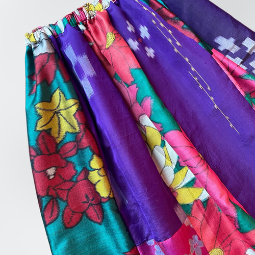 着物リメイク 銘仙のフレアスカート 紫緑系 (SK180) ロングスカート