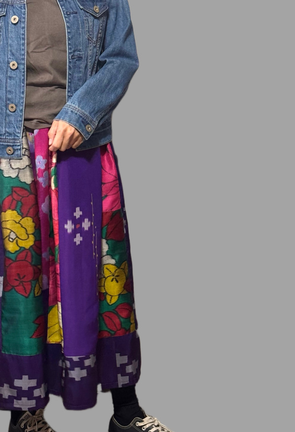 着物リメイク 銘仙のフレアスカート 紫緑系 (SK180) ロングスカート