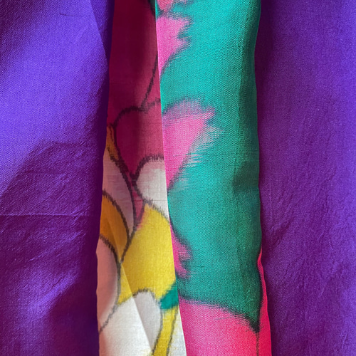 着物リメイク 銘仙のフレアスカート 紫緑系 (SK180) ロングスカート