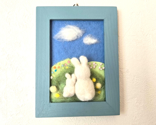 春のうさぎの額 羊毛フェルト インテリア フレーム フォトフレーム
