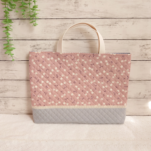 ハンドメイドオーダー　入園入学セット　さくらんぼ　レッスンバッグ　女の子 さくらんぼ入園入学5点セット/レッスンバッグ/手提げバッグ