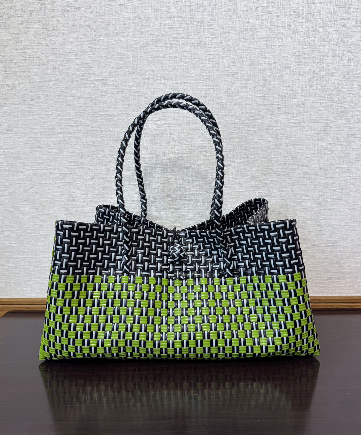 まるごと洗えるバッグ　プラカゴ　パサールバッグ　トートバッグ　メルカドバッグ　横長タイプ　グリーン×ブラック