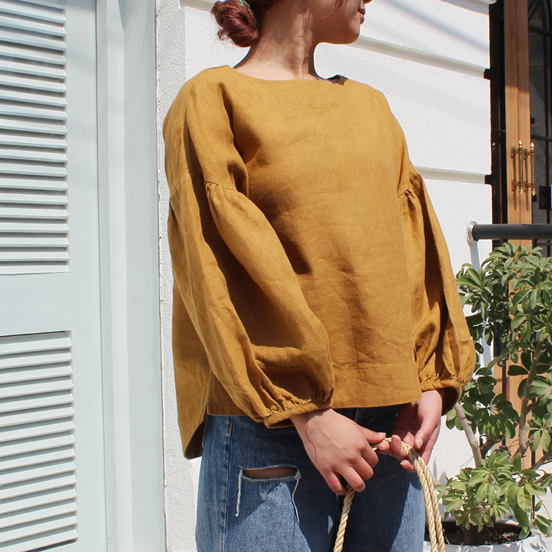 春の新作◉リネンバルーンスリーブブラウス　マスタード