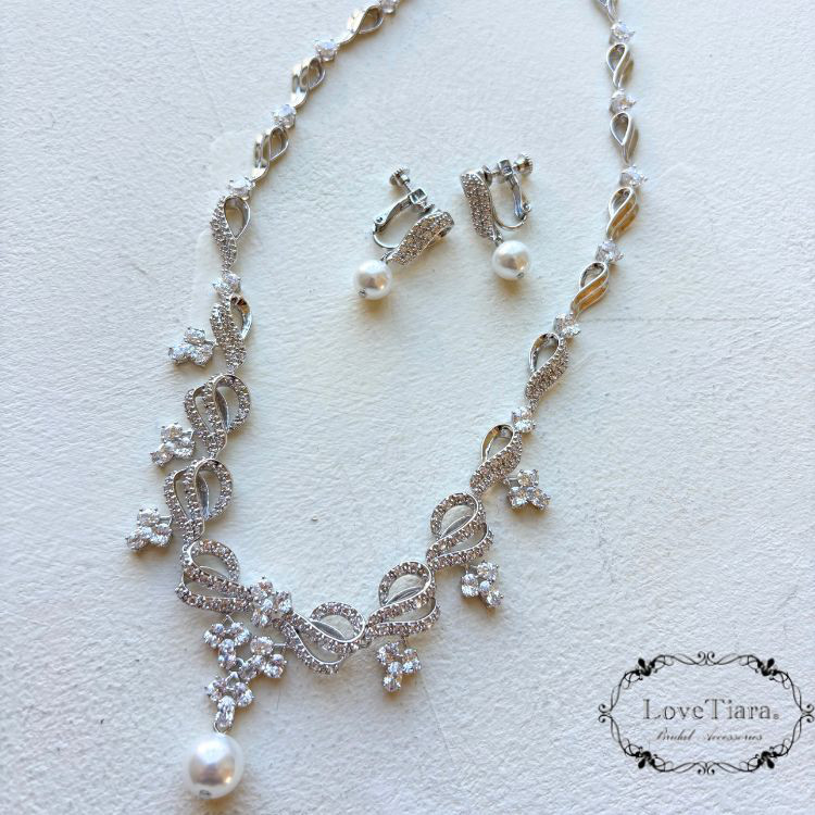フラワーリボンジルコニアネックレス&イヤリング/ピアスRL-16|結婚式 ウエディング 上品 パール かわいい 華やか