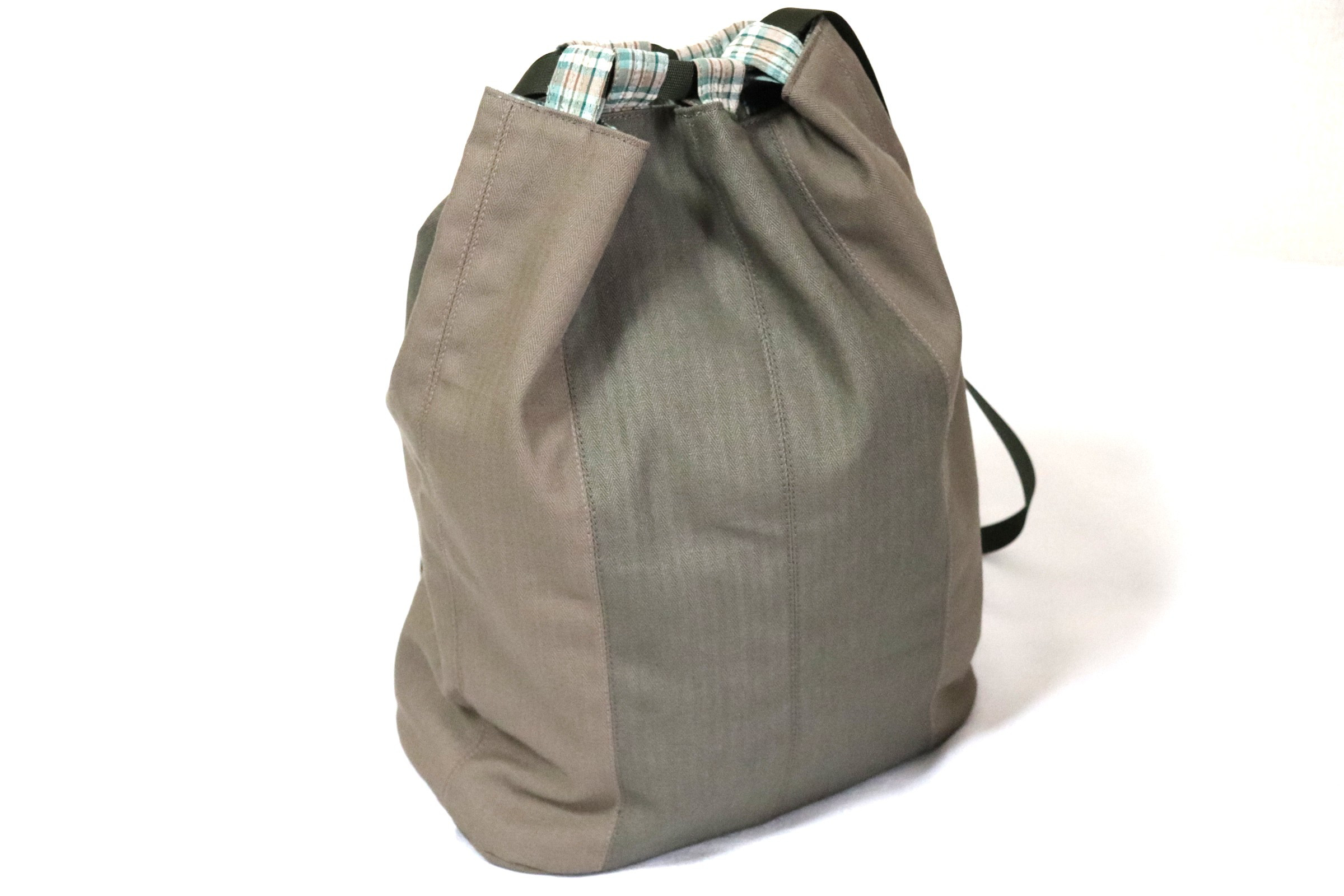 ■【定番ライン：sale♪】■楕円底ナップサック「餅巾着」■2025012801■ストパッチワーク■カーキヘリンボン■