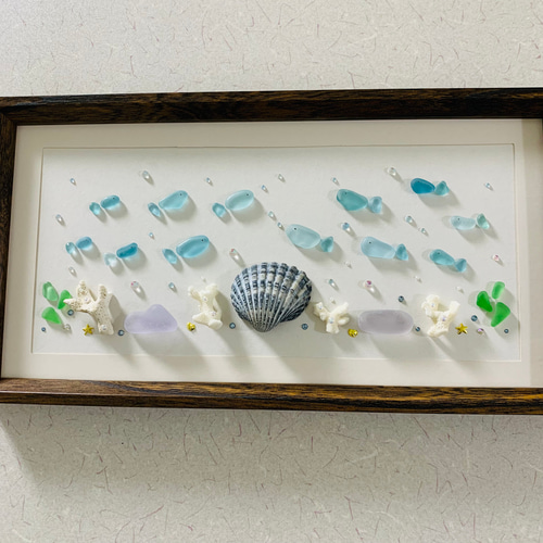 sale】2色のあじさいと小鳥たち＊シーグラスアート☆天然石