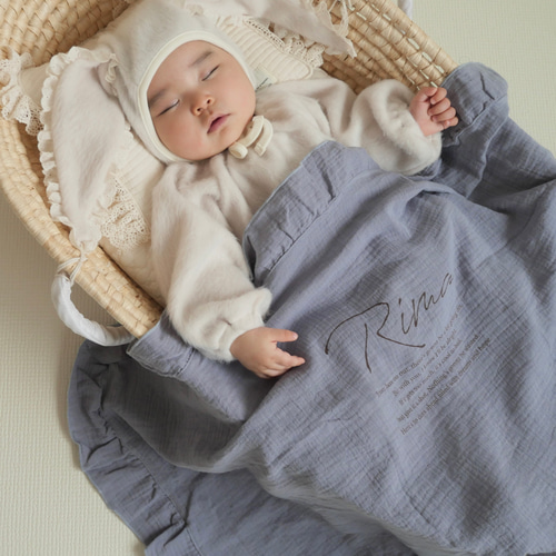 3営業日発送 名入れ フリルガーゼブランケット ブルー おくるみ