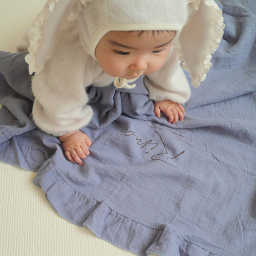 3営業日発送 名入れ フリルガーゼブランケット ブルー おくるみ