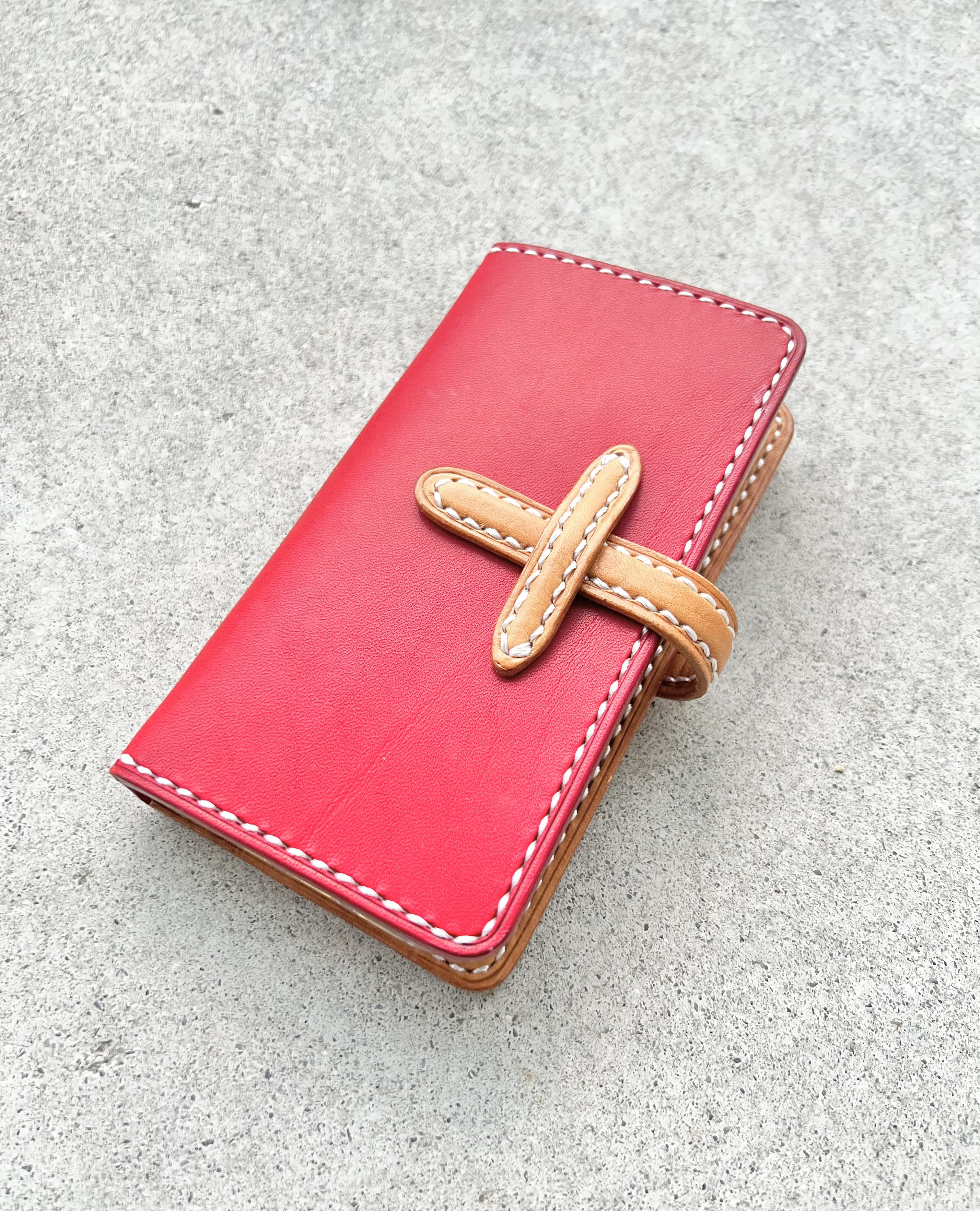 iPhone & android 手帳型　レザーケース　　レッド×ナチュラル　差し込み式