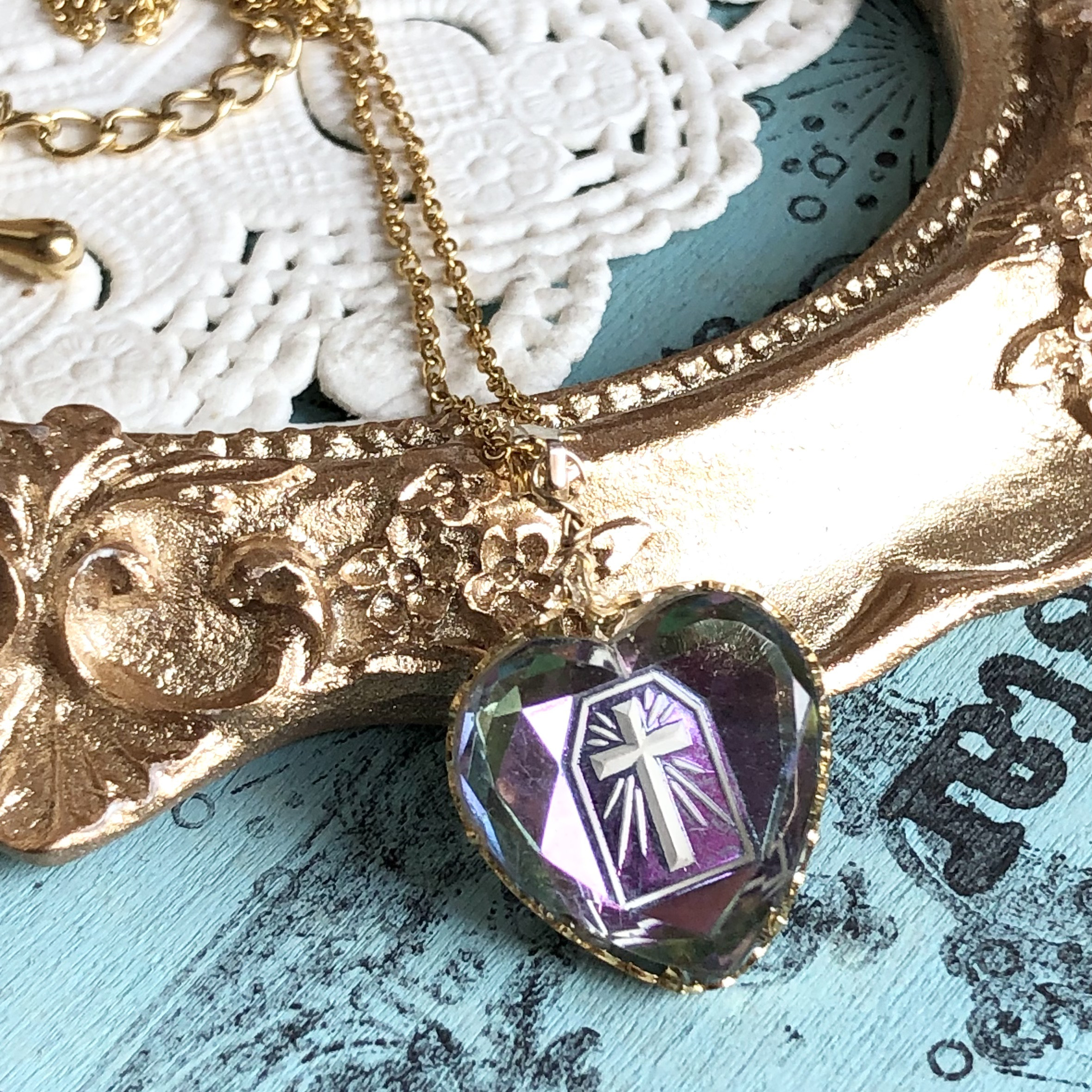 ジャーマン ヴィンテージ クロス 十字架 ハート ヴィトレイルライト インタリオ ストーン ネックレス ペンダント 6,958円