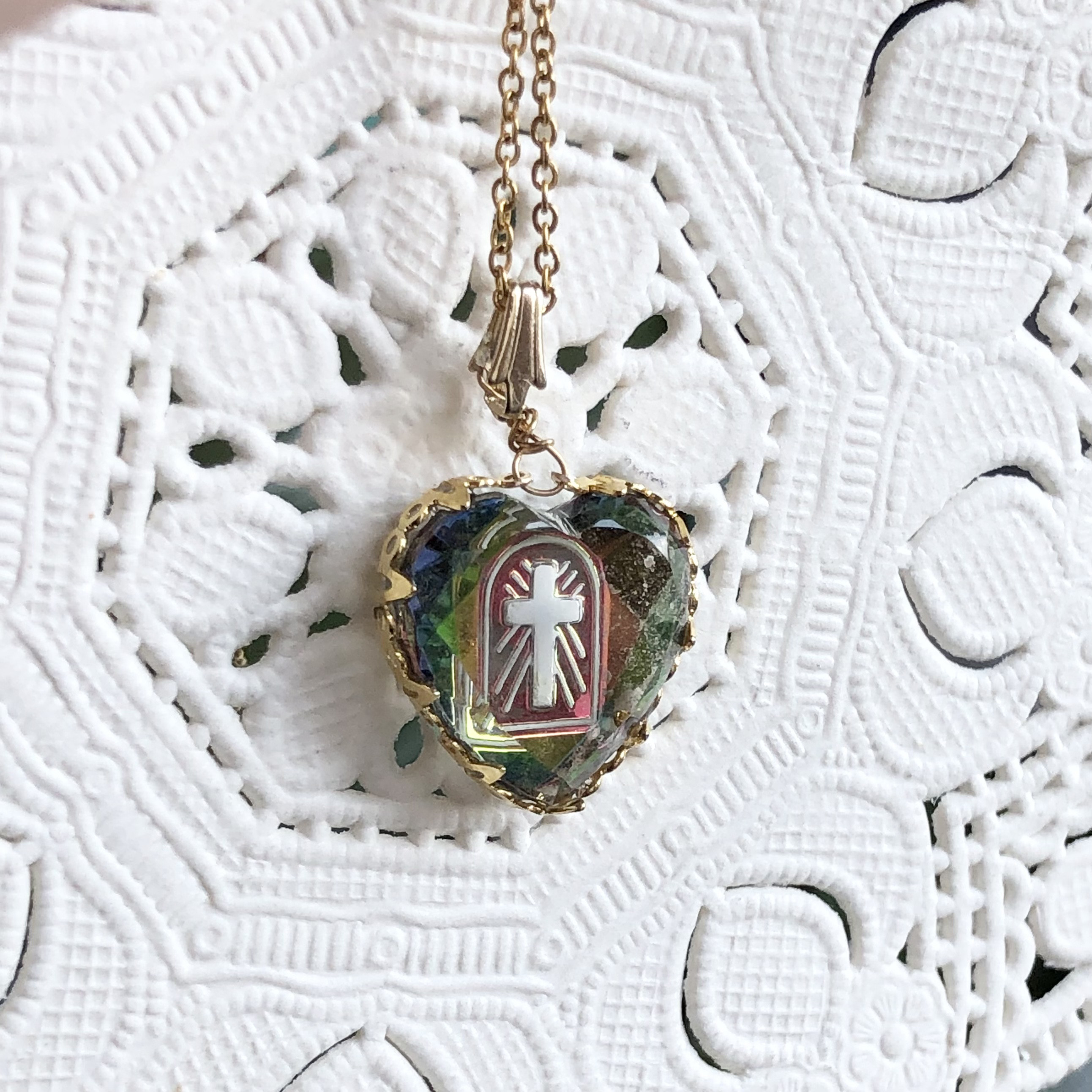 ジャーマン ヴィンテージ クロス 十字架 ハート ヴィトレイルミディアム インタリオ ストーン ネックレス ペンダント
