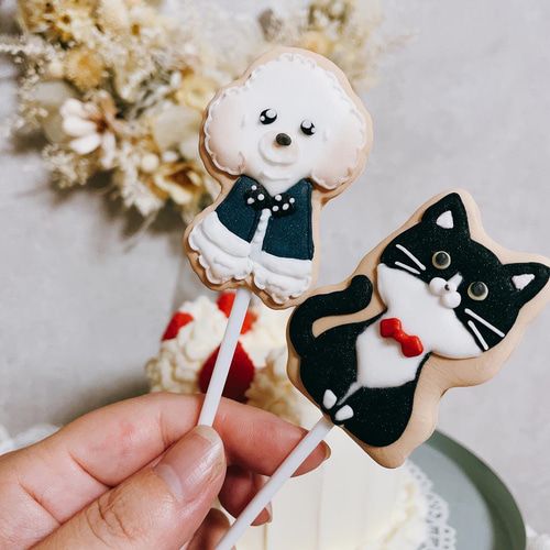 うちの子モチーフアイシングクッキー風結婚式ケーキトッパー 犬 猫