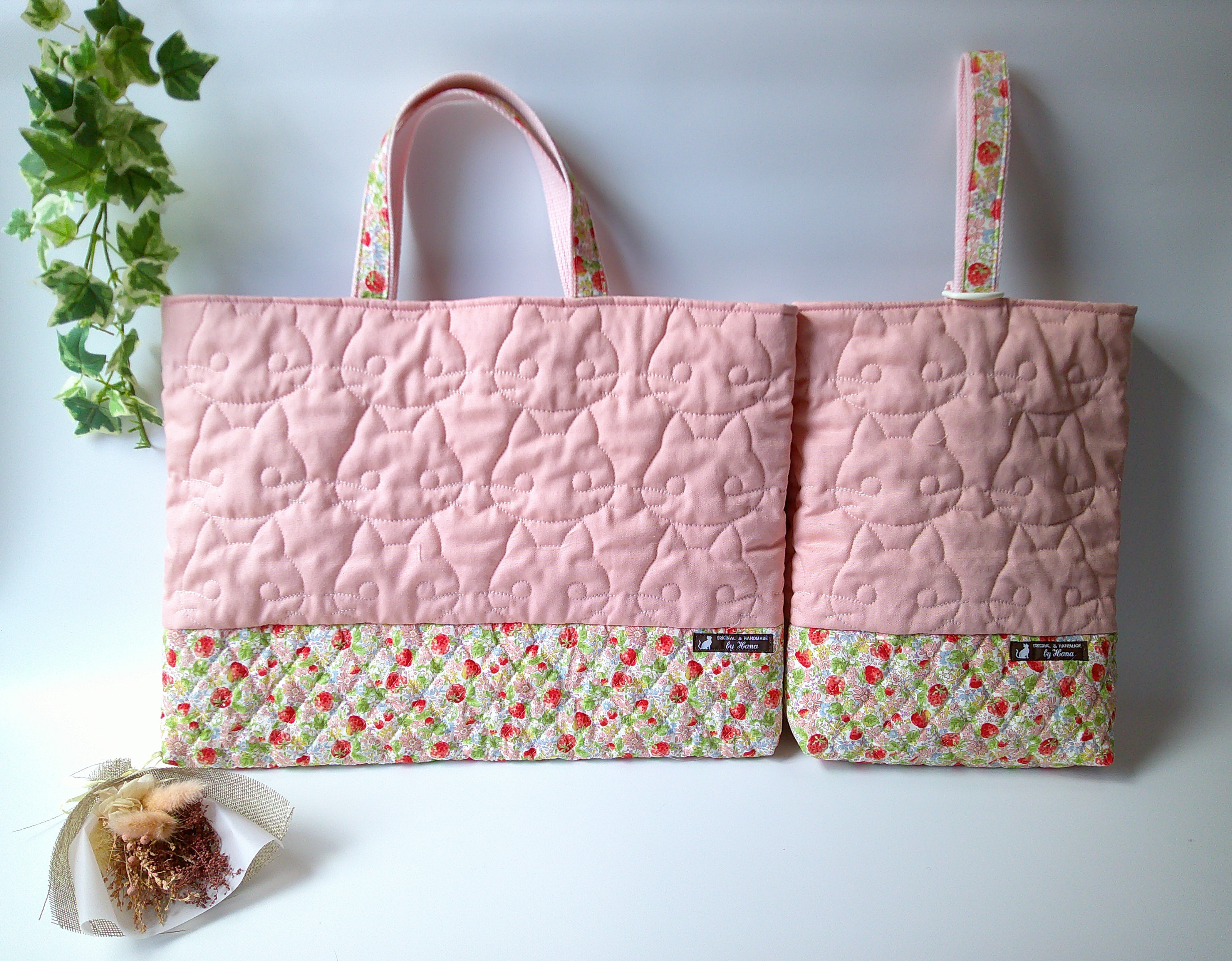 猫キルト＆苺キルト・通園通学2点セット(サーモン）