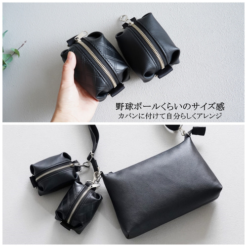 スマホポーチ バッグチャーム（モノトーン黒）スクエアポーチ カバンに