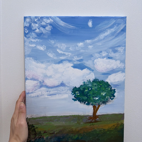 木の絵、一本の木、草原の木、アート、自然、キャンバス、アクリル