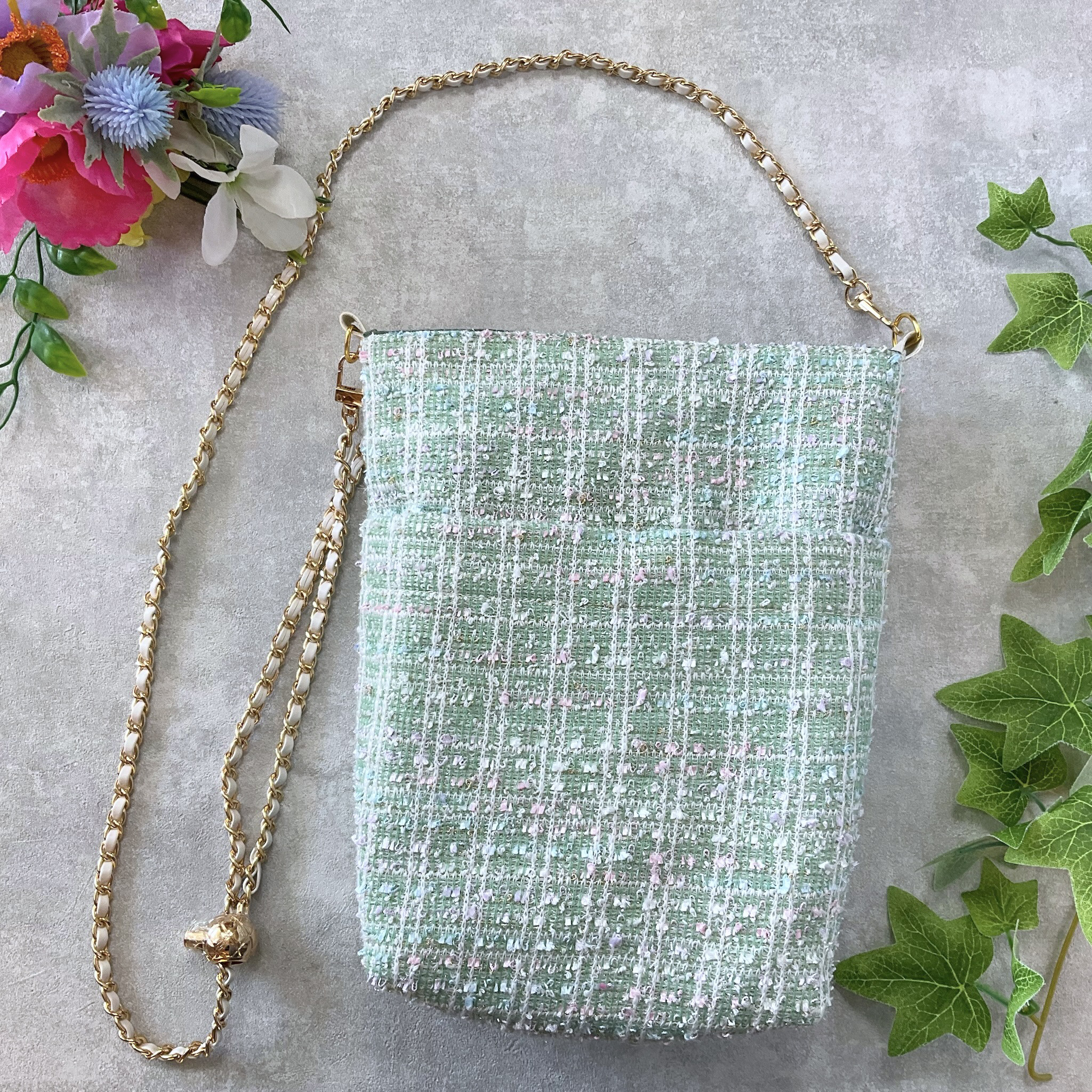 【お散歩ポシェット】Lサイズ　ツイード生地 ミント ポシェット　スマホショルダー　紐長さ調整可能