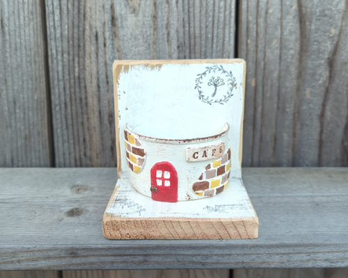 リメイク缶　105 受注製作】リメ缶 モルタルレンガ風 ウッドスタンド付き