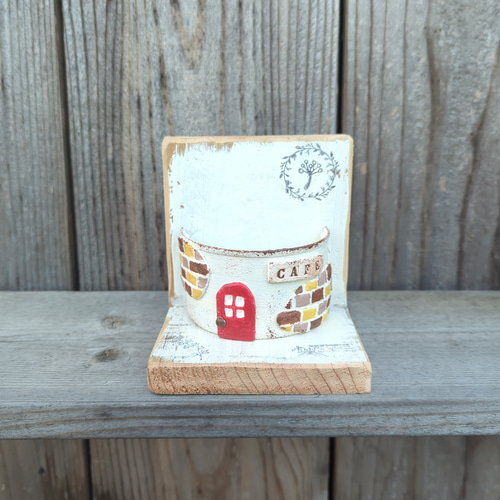 NO.898BKリメ缶 受注製作】リメ缶 モルタルレンガ風 ウッドスタンド付き リメイク缶 ①