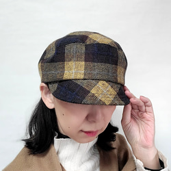 【受注制作】ころん キャスケット やわらかい手触り コットンツイード マスタード チェック コンパクト Mサイズ 帽子 4枚目の画像