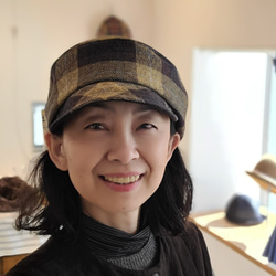 【受注制作】ころん キャスケット やわらかい手触り コットンツイード マスタード チェック コンパクト Mサイズ 帽子 8枚目の画像