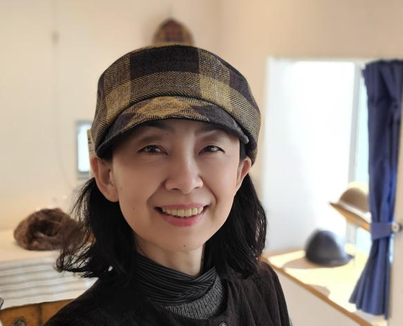 【受注制作】ころん キャスケット やわらかい手触り コットンツイード マスタード チェック コンパクト Mサイズ 帽子 8枚目の画像