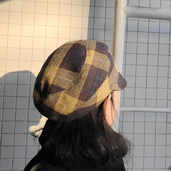 【受注制作】ころん キャスケット やわらかい手触り コットンツイード マスタード チェック コンパクト Mサイズ 帽子 13枚目の画像