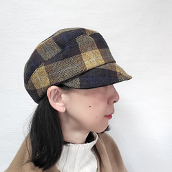 【受注制作】ころん キャスケット やわらかい手触り コットンツイード マスタード チェック コンパクト Mサイズ 帽子 5枚目の画像