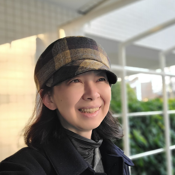 【受注制作】ころん キャスケット やわらかい手触り コットンツイード マスタード チェック コンパクト Mサイズ 帽子 1枚目の画像