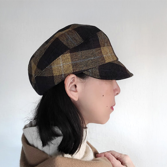 【受注制作】ころん キャスケット やわらかい手触り コットンツイード マスタード チェック コンパクト Mサイズ 帽子 6枚目の画像