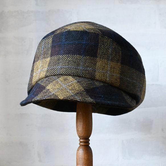 【受注制作】ころん キャスケット やわらかい手触り コットンツイード マスタード チェック コンパクト Mサイズ 帽子 2枚目の画像
